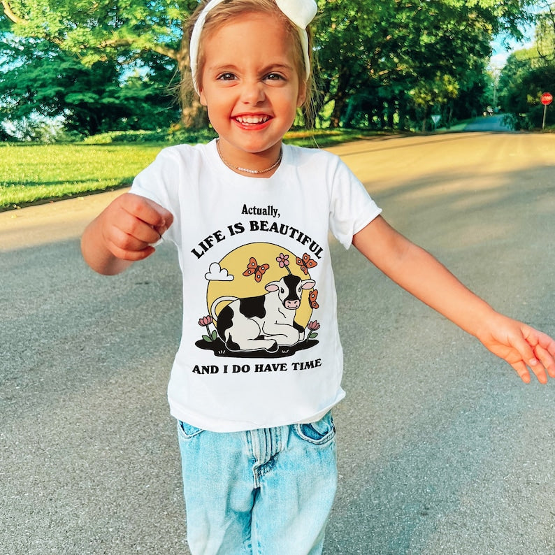 'Actually life is beautiful' Kid's Cow T-shirt