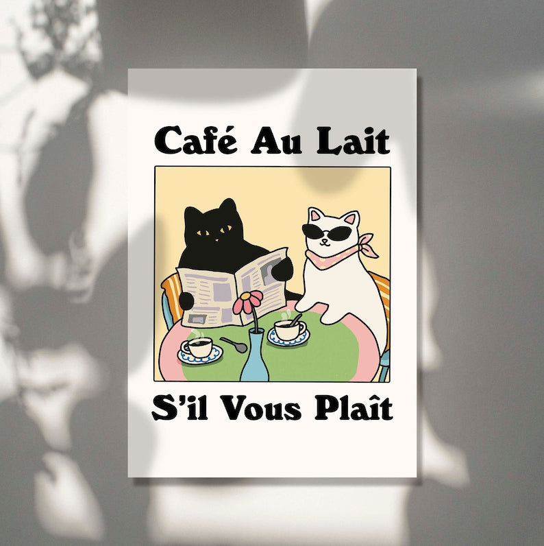 'Cafe au lait s'il vous plait' Cat Print
