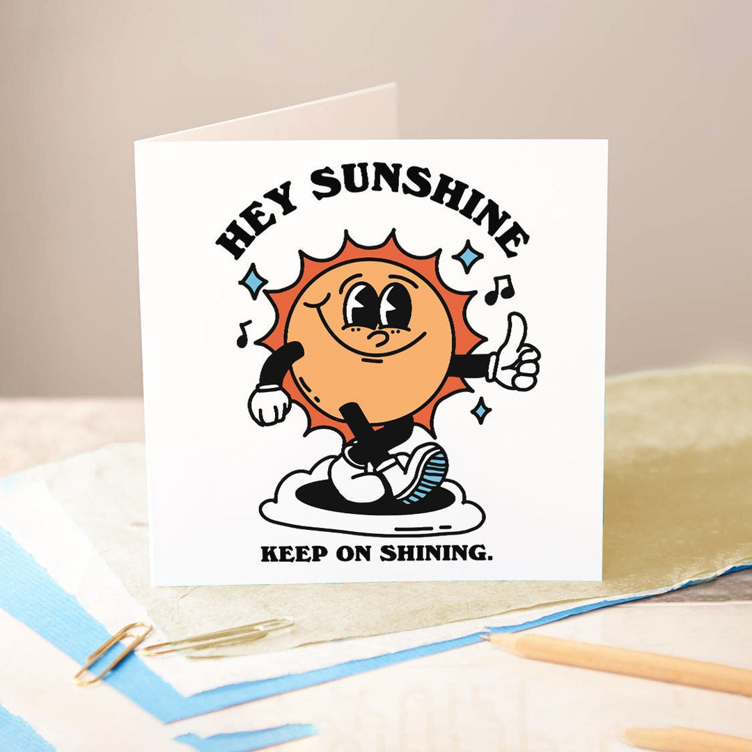 Hey Sunshine Card, Positive Quote Greeting Card, Retro Sun Mental Health Card, Hippie Quote Gift, Colorful Cottagecore Sunshine Novelty Card