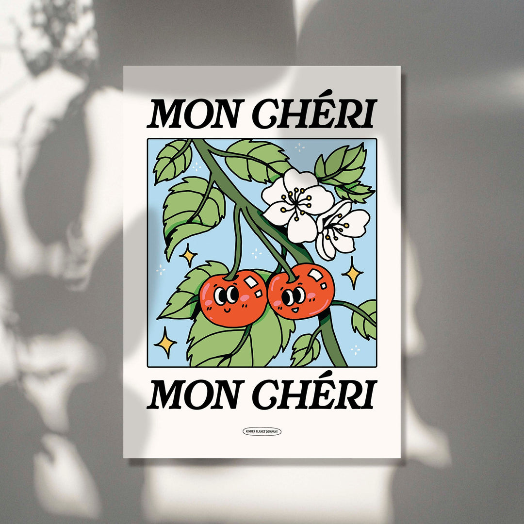 Mon Cheri French Cherry poster, Botanical Print, Flower Market poster, Flowers print, Retro Art, Blue Large Poster Prints, UNFRAMED