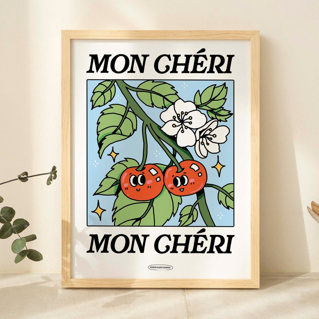 Mon Cheri French Cherry poster, Botanical Print, Flower Market poster, Flowers print, Retro Art, Blue Large Poster Prints, UNFRAMED