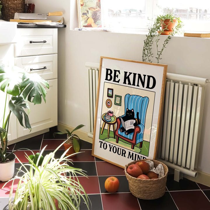 Be Kind Cat Print, Cute Blue Black Cat Poster Illustration, Be Kind To Your Mind Posters, Classroom Dorm Room University Decor, UNFRAMED