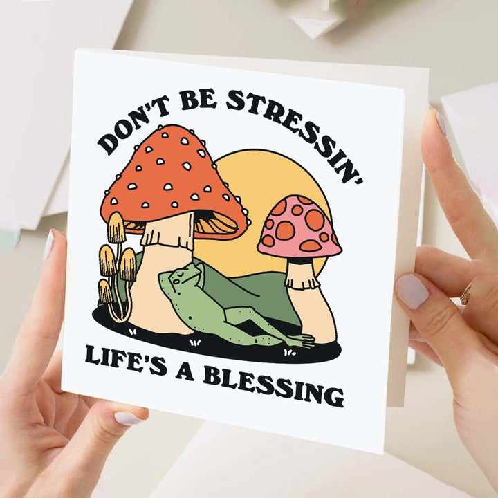 Mushroom Frog Card, Positive Quote Greeting Card, Retro Frog Mental Health Card, Hippie Quote Gift, Colorful Cottagecore Froggy Novelty Card