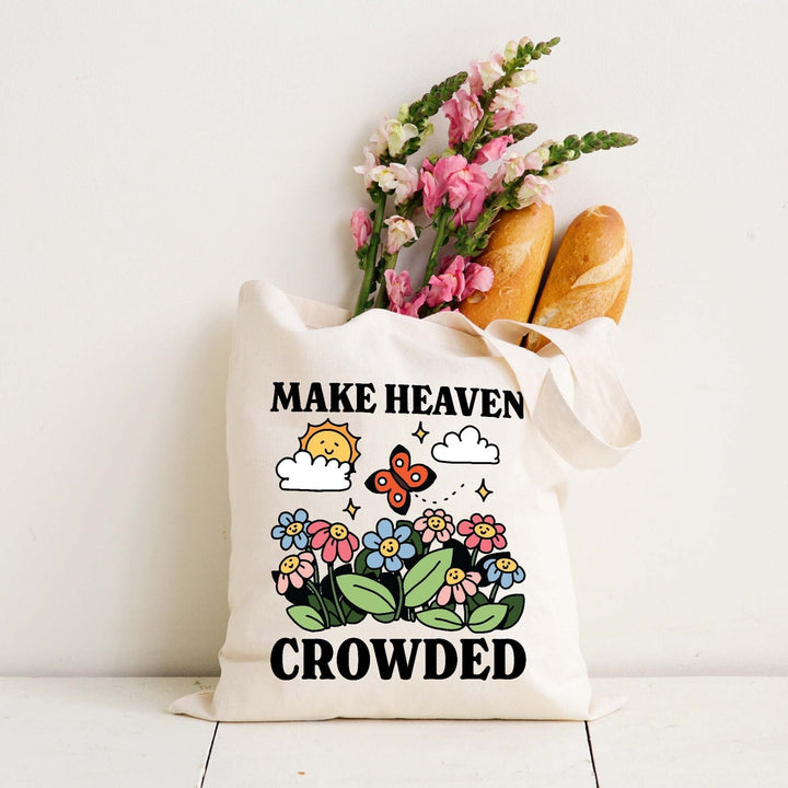 Make Heaven Crowded Tote Bag, Retro Illustration Grocery Bag, Positive Quote Groovy Canvas Tote, Ecofriendly Shopping Bag, Cute Accessories