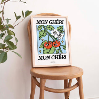 Mon Cheri French Cherry poster, Botanical Print, Flower Market poster, Flowers print, Retro Art, Blue Large Poster Prints, UNFRAMED