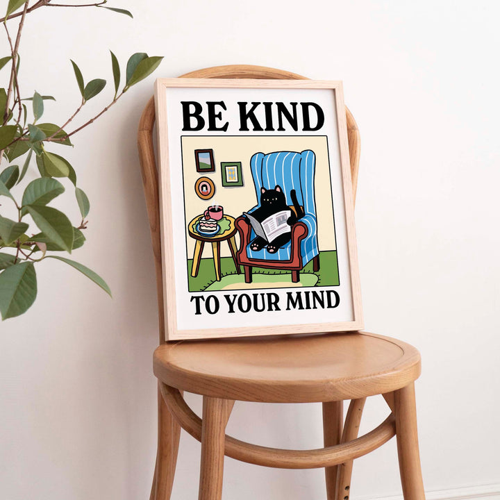 Be Kind Cat Print, Cute Blue Black Cat Poster Illustration, Be Kind To Your Mind Posters, Classroom Dorm Room University Decor, UNFRAMED