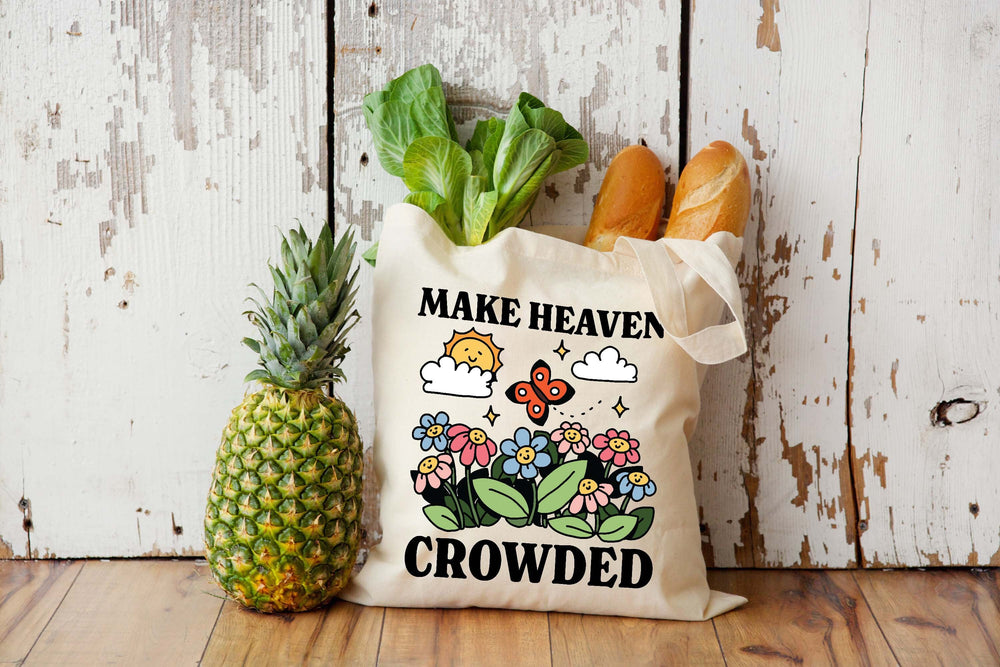 Make Heaven Crowded Tote Bag, Retro Illustration Grocery Bag, Positive Quote Groovy Canvas Tote, Ecofriendly Shopping Bag, Cute Accessories
