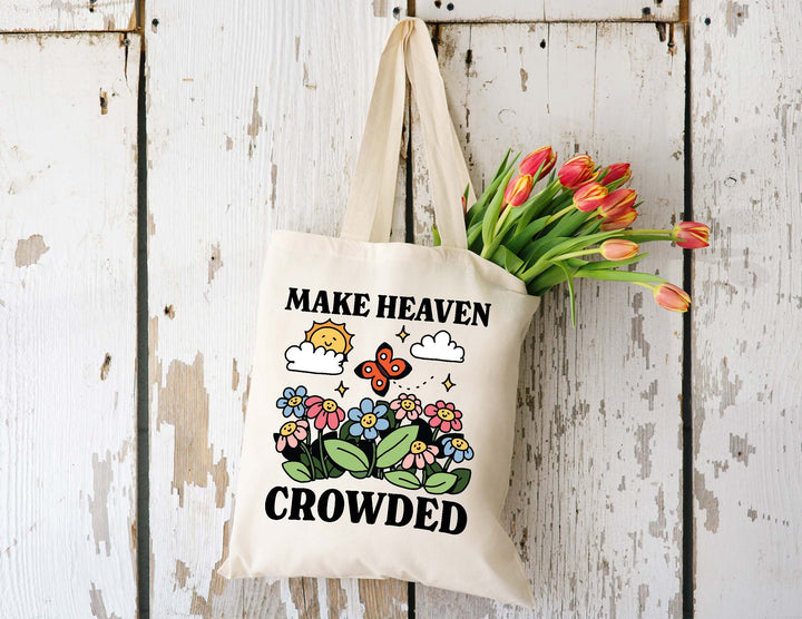 Make Heaven Crowded Tote Bag, Retro Illustration Grocery Bag, Positive Quote Groovy Canvas Tote, Ecofriendly Shopping Bag, Cute Accessories