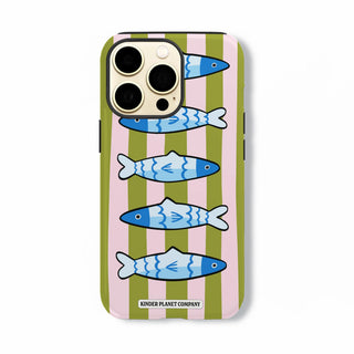 Sardine Stripes iPhone case with blue sardines on candy-pink and olive-green stripes.