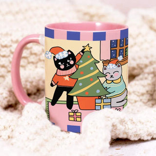 Colorful Pink Cat Christmas Mug