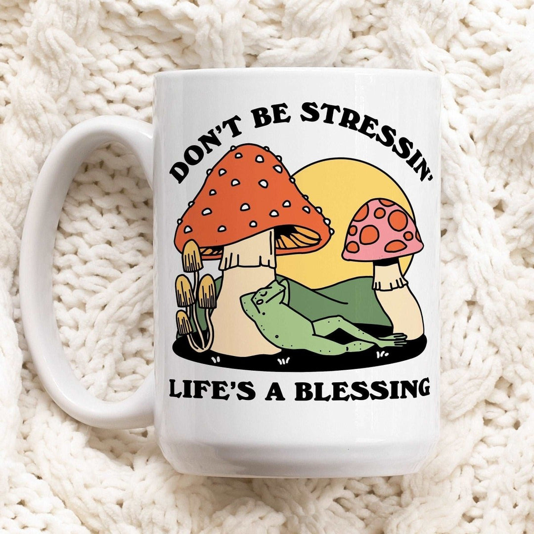 'Don'T Be Stressin' Colorful Mushroom Frog Mug - Mugs - Kinder Planet Company