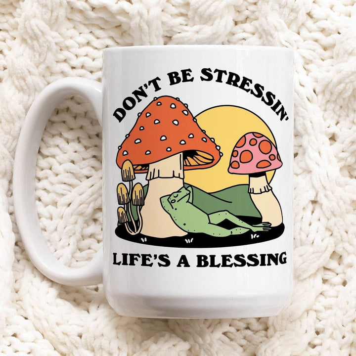 'Don'T Be Stressin' Colorful Mushroom Frog Mug - Mugs - Kinder Planet Company