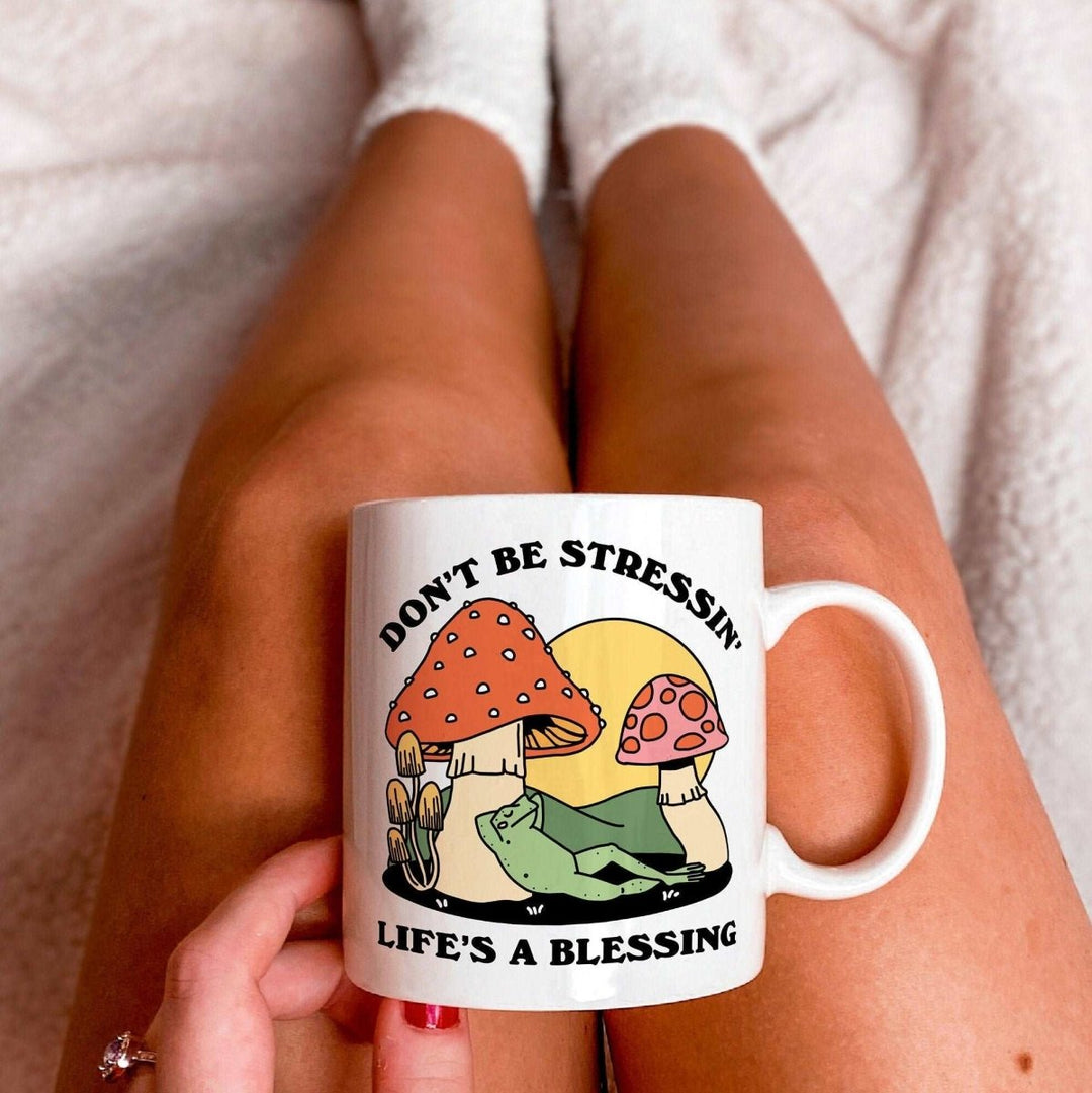 'Don'T Be Stressin' Colorful Mushroom Frog Mug - Mugs - Kinder Planet Company