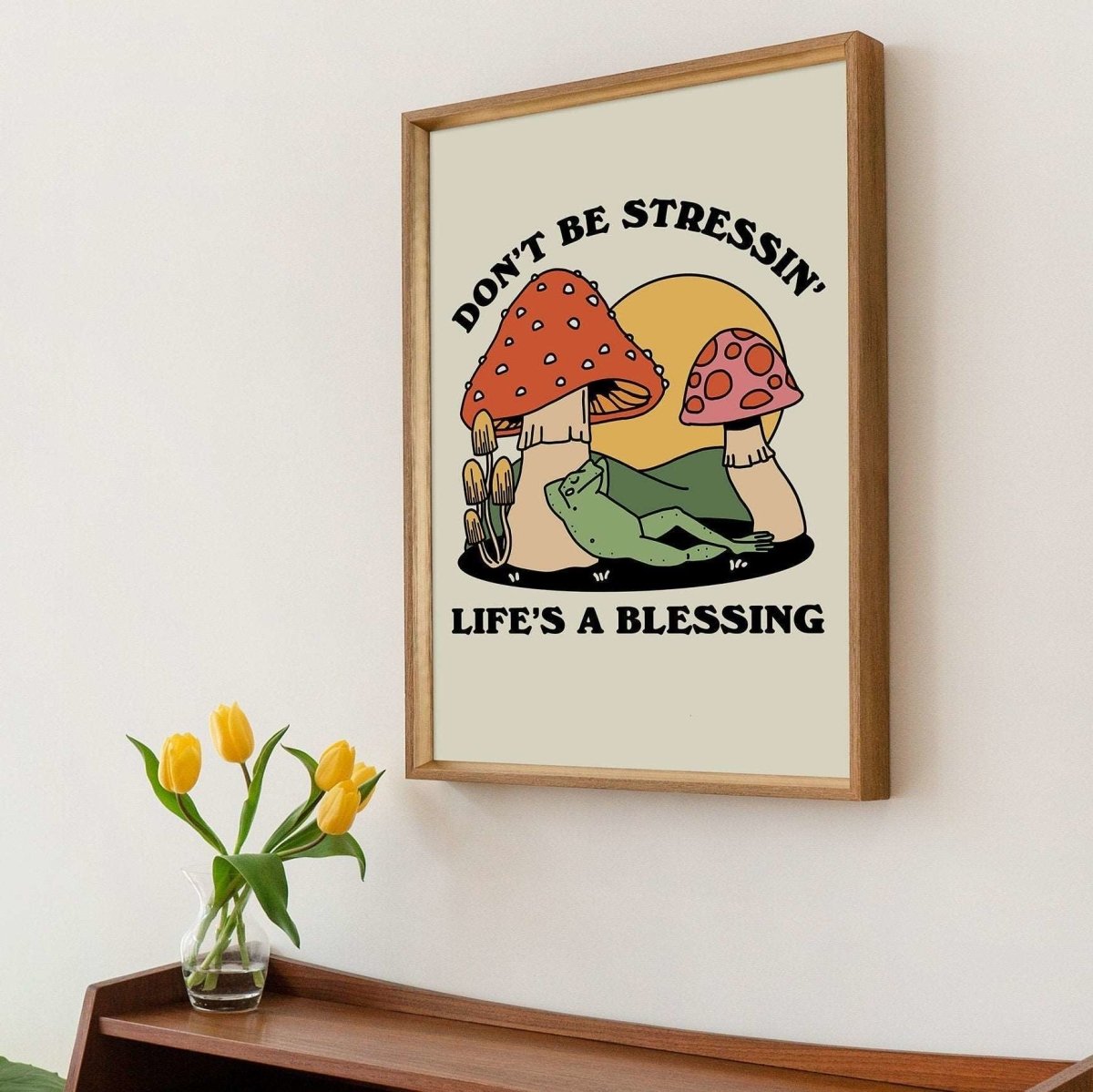 'Don't Be Stressing' Mushroom Frog Print - Art Prints - Kinder Planet Company
