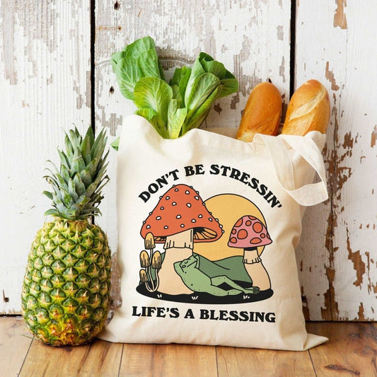 'Dont Be Stressing' Mushroom Frog Tote - Tote Bags & Phone Cases - Kinder Planet Company