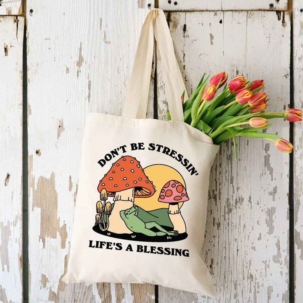'Dont Be Stressing' Mushroom Frog Tote - Tote Bags & Phone Cases - Kinder Planet Company