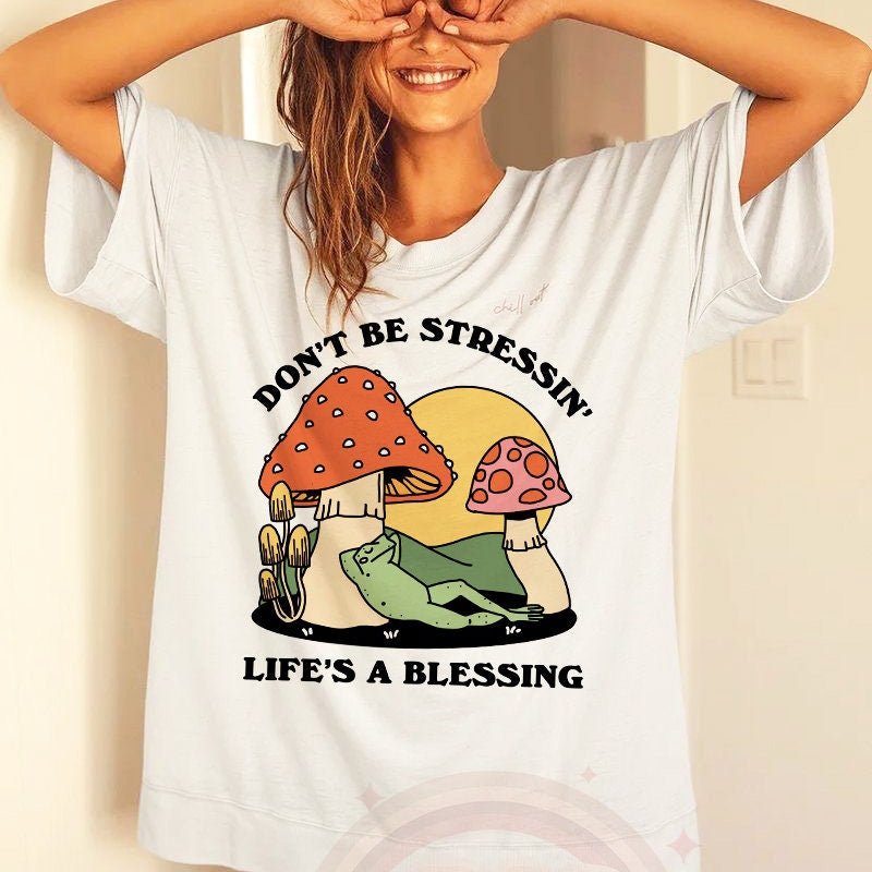'Don't Be Stressing' Mushroom Frog Tshirt - T-shirts - Kinder Planet Company
