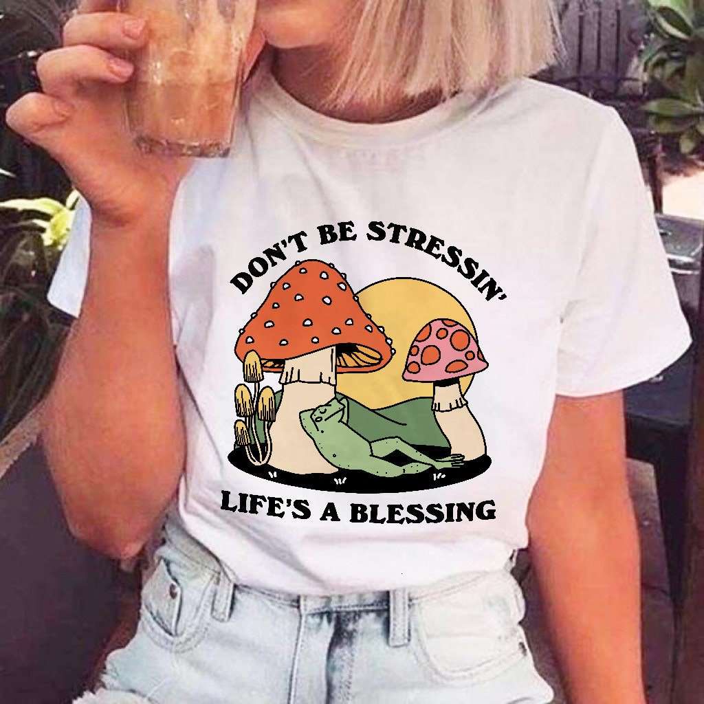 'Don't Be Stressing' Mushroom Frog Tshirt - T-shirts - Kinder Planet Company