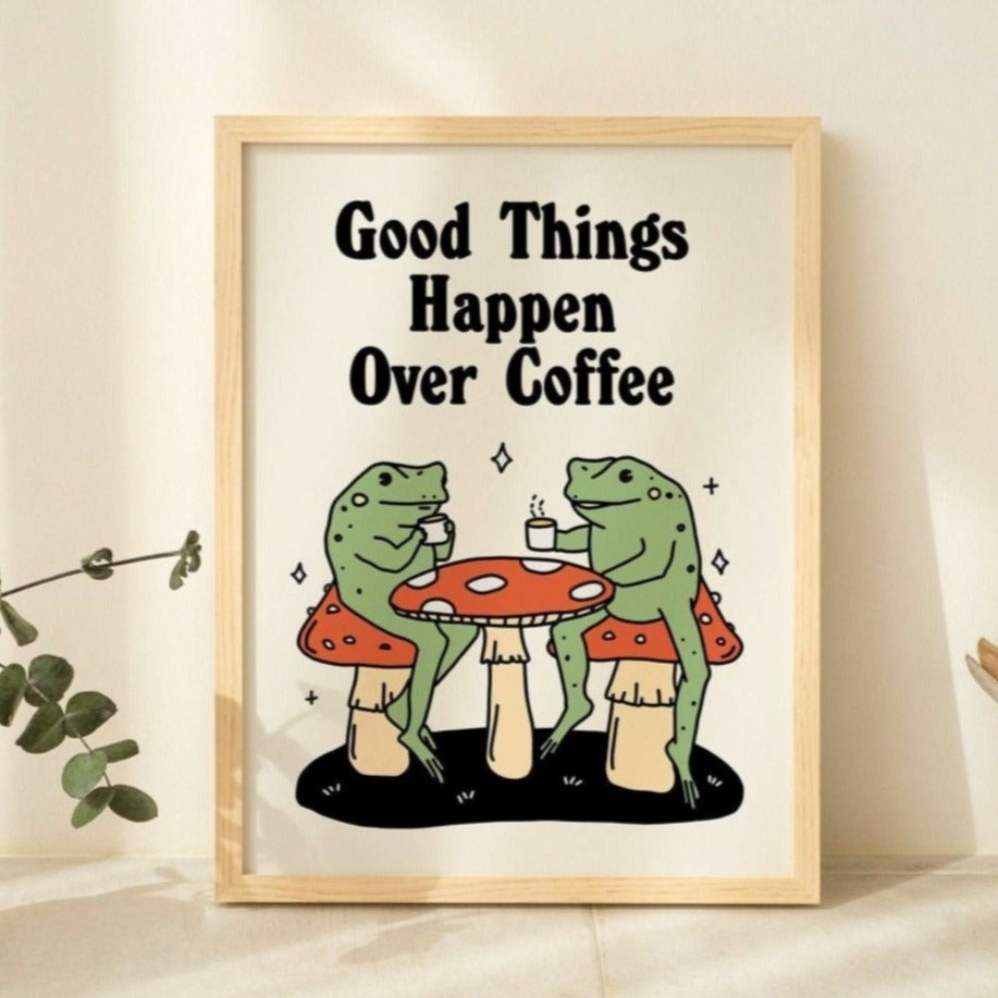 'Good Things Happen Over Coffee' Frog Print - Art Prints - Kinder Planet Company