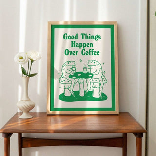 'Good Things Happen Over Coffee' Frog Print - Art Prints - Kinder Planet Company