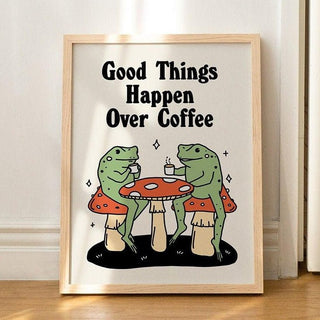 'Good Things Happen Over Coffee' Frog Print - Art Prints - Kinder Planet Company