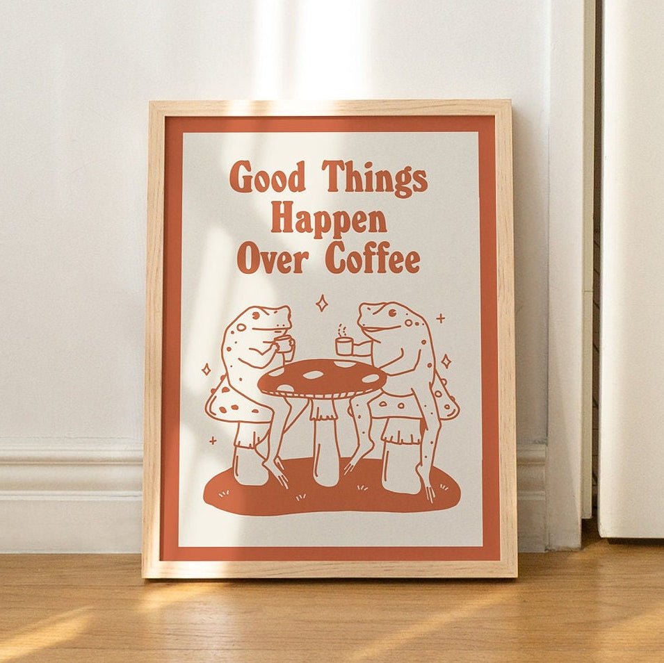 'Good Things Happen Over Coffee' Frog Print - Art Prints - Kinder Planet Company