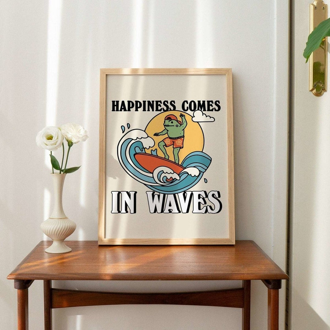 'Happiness Comes In Waves' Surfing Frog Print - Art Prints - Kinder Planet Company