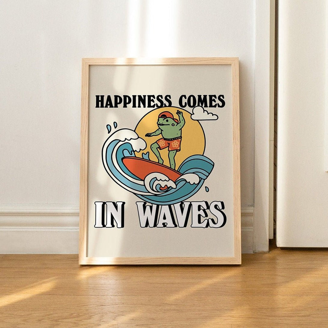 'Happiness Comes In Waves' Surfing Frog Print - Art Prints - Kinder Planet Company