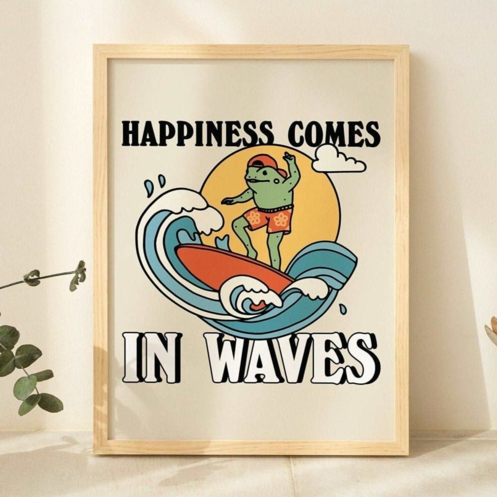 'Happiness Comes In Waves' Surfing Frog Print - Art Prints - Kinder Planet Company