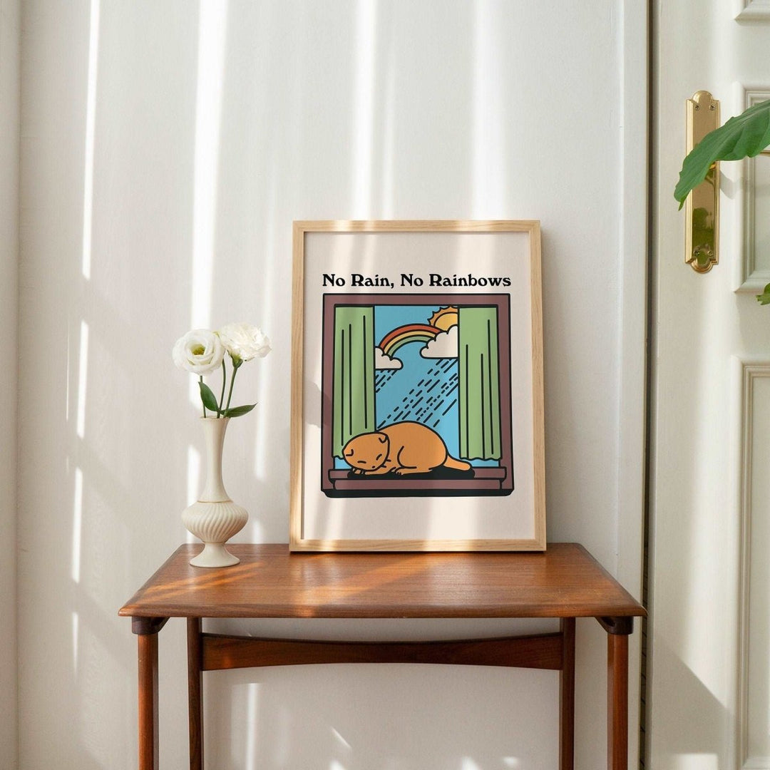 'No Rain No Rainbows' Cat Print - Art Prints - Kinder Planet Company