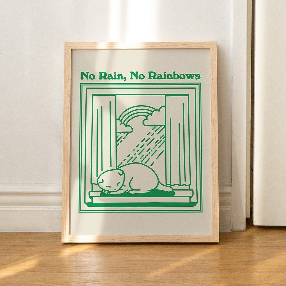 'No Rain No Rainbows' Cat Print - Art Prints - Kinder Planet Company