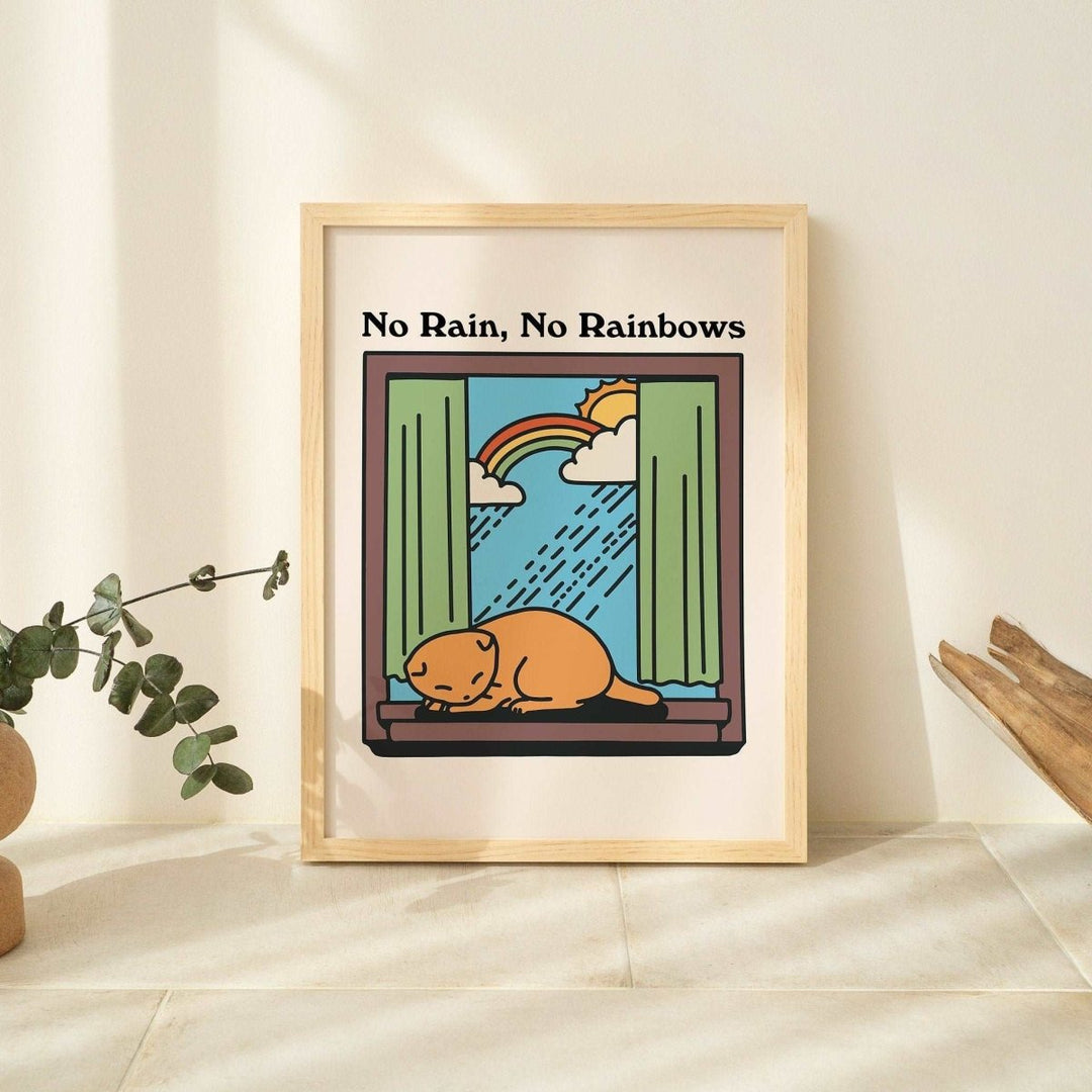 'No Rain No Rainbows' Cat Print - Art Prints - Kinder Planet Company