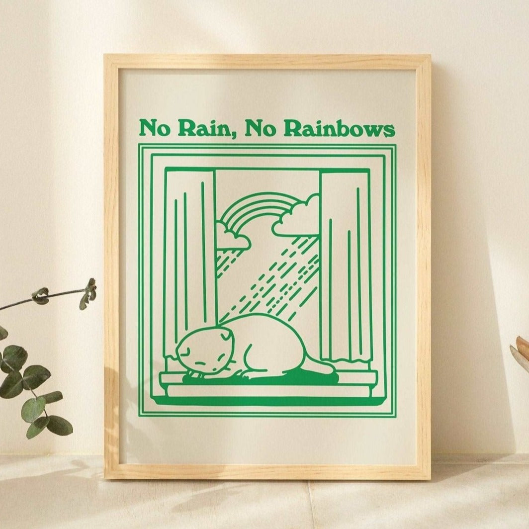 'No Rain No Rainbows' Cat Print - Art Prints - Kinder Planet Company