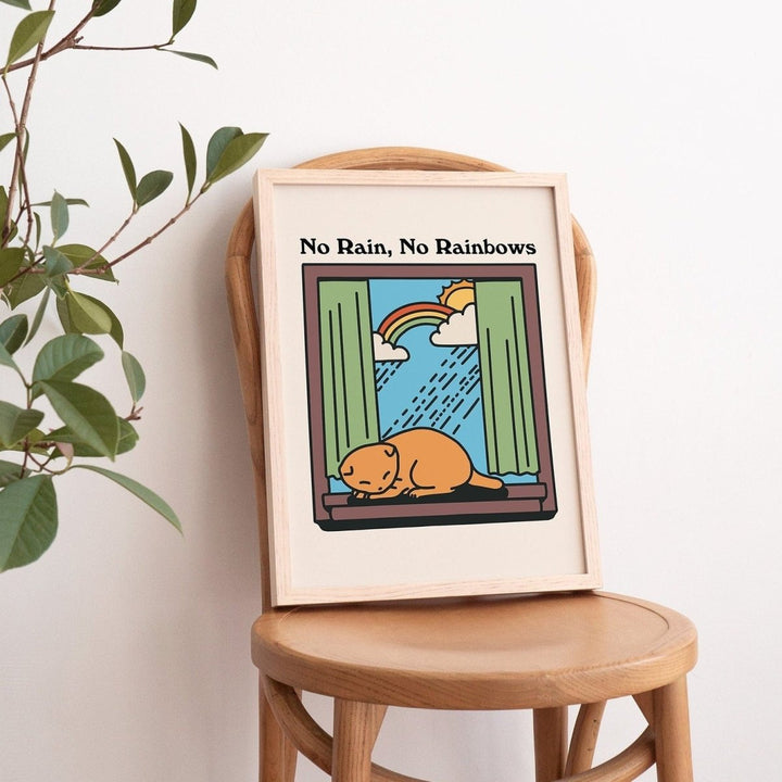 'No Rain No Rainbows' Cat Print - Art Prints - Kinder Planet Company