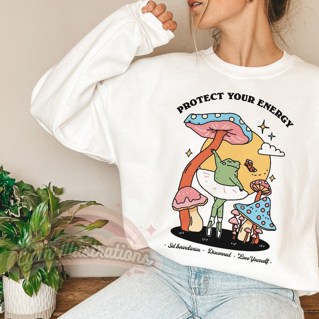 'Protect Your Energy' Cute Frog Sweatshirt - Sweatshirts & Hoodies - Kinder Planet Company