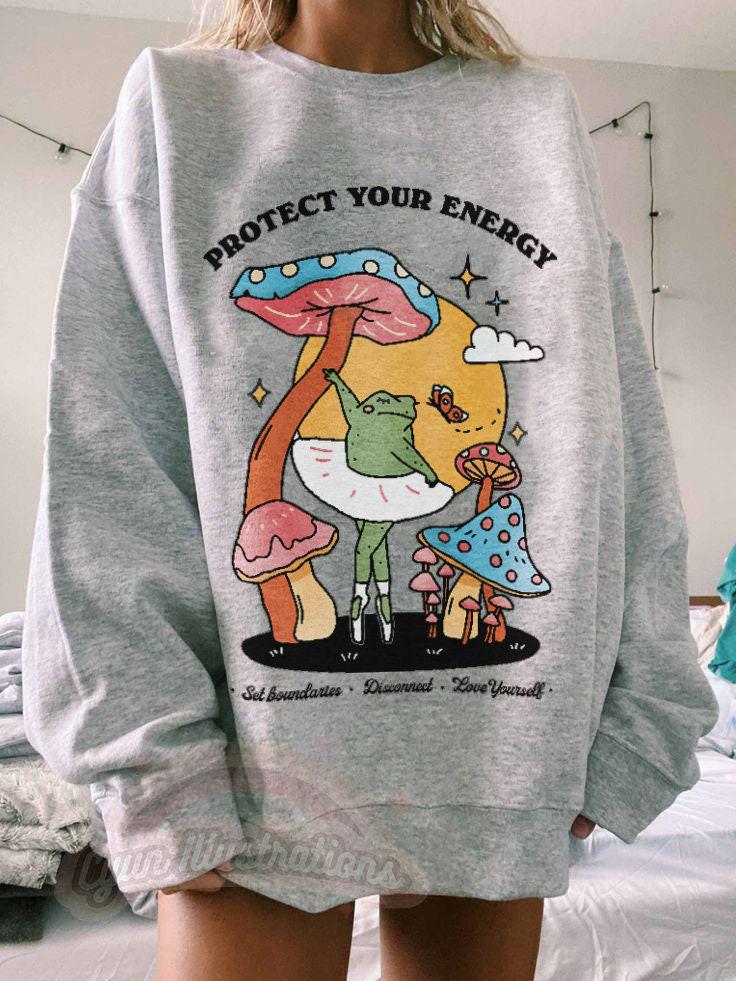 'Protect Your Energy' Cute Frog Sweatshirt - Sweatshirts & Hoodies - Kinder Planet Company